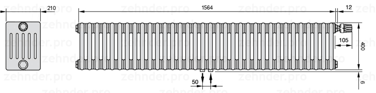 Схема (чертеж) Радиатор Zehnder Charleston 6040/34 №V008 Белый глянцевый RAL 9016